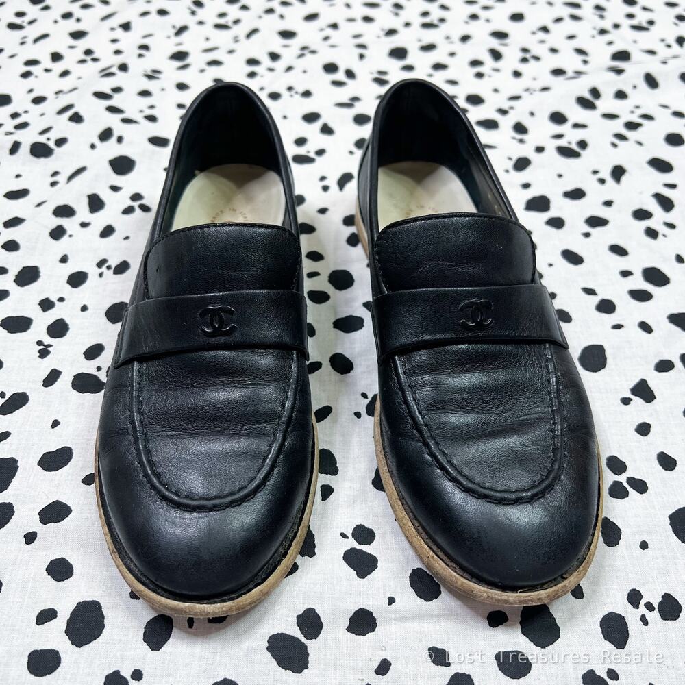 Chanel | Black Leather CC Logo Classic Penny Loafers Designer Flats Size 36 - Picture 2 of 9